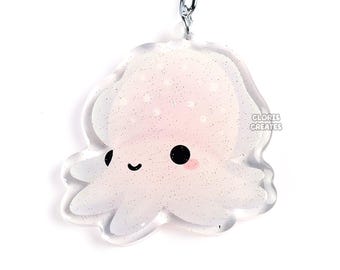 Bigfin Reef Squid Acrylic Glitter Keychain | Kawaii Marine Animal Ocean Art Charm | Cute Cartoon Sea Creature Aquarium Souvenir Keyring Gift