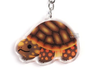 Red Footed Tortoise Acrylic Keychain | Cartoon Kawaii Exotic Pet Breed Glitter Charm | Chibi Cute Reptile Critter Animal Turtle Lover Gift