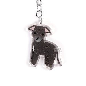 Black Whippet Greyhound Dog Breed Acrylic Keychain | Cartoon Kawaii Art Puppy Glitter Charm | Chibi Cute Animal Lover Pet Loss Memorial Gift