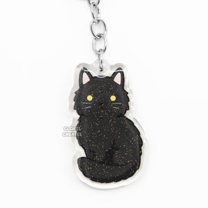 Porte-clés acrylique chat noir à poils longs | de dessin animé Art époxy scintillant scintillant | Cadeau commémoratif de perte d'animal de compagnie pour amoureux des chatons domestiques coupés kawaii