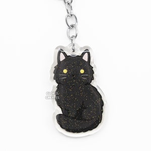 Longhaired Black Cat Acrylic Pet Breed Keychain | Cartoon Art Epoxy Glitter Charm | Kawaii Cut Domestic Kitten Lover Pet Loss Memorial Gift