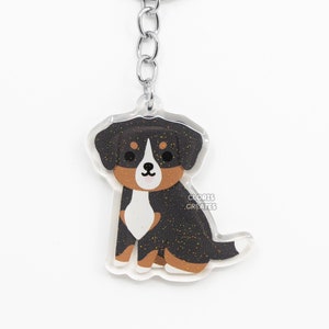 Greater Swiss Mountain Dog Breed Clear Acrylic Keychain | Cartoon Kawaii Art Puppy Lover Glitter Charm | Chibi Cute Pet Loss Memorial Gift