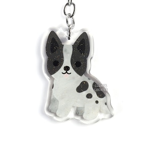Black & White Australian Cattle Dog Heeler Acrylic Animal Keychain | Cartoon Kawaii Art Puppy Lover Glitter Charm | Chibi Cute Pet Loss Gift