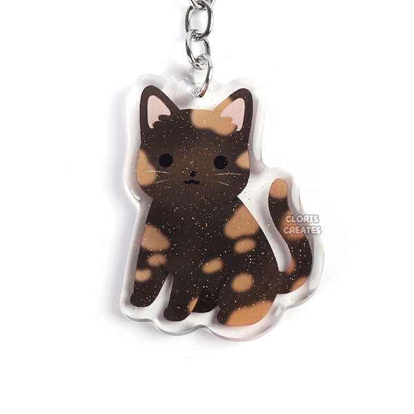 Dark Shorthaired Tortoiseshell Tortie Cat Acrylic Pet Breed Keychain | Cartoon Chibi Animal Art Glitter Charm | Kawaii Cute Kitten Loss Gift