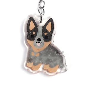 Australian Cattle Dog Blue Heeler Acrylic Animal Keychain | Cartoon Kawaii Art Puppy Lover Glitter Charm | Chibi Cute Pet Loss Memorial Gift