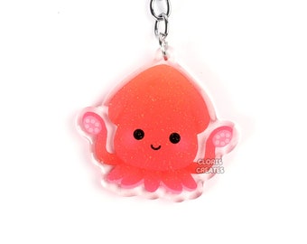 Giant Squid Acrylic Glitter Keychain | Kawaii Chibi Marine Animal Ocean Art Charm | Cute Cartoon Sea Creature Aquarium Souvenir Keyring Gift