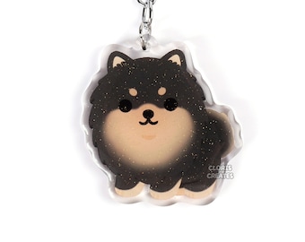 Black & Tan Pomeranian Acrylic Dog Breed Keychain | Cartoon Kawaii Art Puppy Glitter Charm | Chibi Cute Animal Lover Pet Loss Memorial Gift