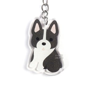Black Boston Terrier Acrylic Dog Breed Keychain | Cartoon Kawaii Art Puppy Glitter Charm | Chibi Cute Animal Lover Pet Loss Memorial Gift