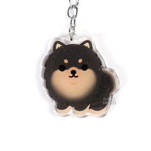 Black & Tan Pomeranian Acrylic Dog Breed Keychain | Cartoon Kawaii Art Puppy Glitter Charm | Chibi Cute Animal Lover Pet Loss Memorial Gift
