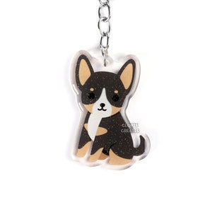 Black Tri Chihuahua Acrylic Dog Keychain | Cartoon Kawaii Art Puppy Epoxy Glitter Charm | Chibi Cute Animal Lover Pet Loss Memorial Gift