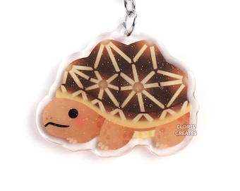 Indian Star Tortoise Acrylic Keychain | Cartoon Kawaii Art Exotic Pet Breed Glitter Charm | Chibi Cute Reptile Critter Animal Lover Gift