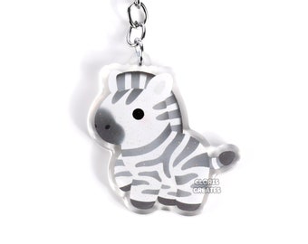 Zebra Acrylic Glitter Keychain | Kawaii Chibi Animal Lover Art Charm | Cute Cartoon Wildlife Drawing Zoo Souvenir Safari Keyring Gift