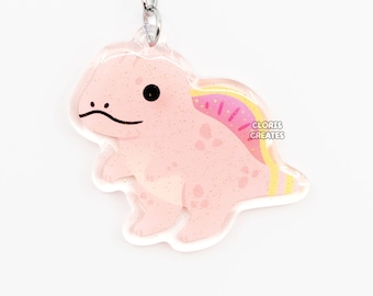 Spinosaurus Pink Dinosaur Acrylic Glitter Keychain | Kawaii Chibi Prehistoric Animal Lover Charm | Cute Cartoon Souvenir Keyring Gift