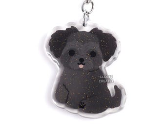 Black Morkie Maltese Yorkie Terrier Mix Dog Breed Acrylic Keychain | Cartoon Kawaii Art Puppy Glitter Charm | Chibi Cute Pet Memorial Gift