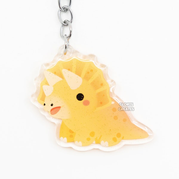 Triceratops Yellow Dinosaur Acrylic Glitter Keychain | Kawaii Chibi Extinct Prehistoric Animal Lover Charm | Cute Cartoon Zoo Keyring Gift