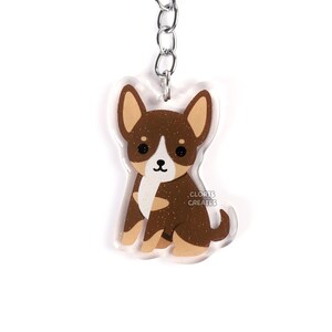 Chocolate Tri Chihuahua Acrylic Dog Keychain | Cartoon Kawaii Art Puppy Epoxy Glitter Charm | Chibi Cute Animal Lover Pet Loss Memorial Gift
