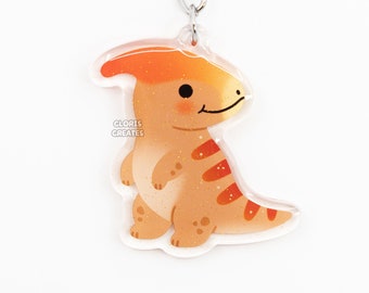 Parasaurolophus Brown Dinosaur Acrylic Glitter Keychain | Kawaii Chibi Prehistoric Animal Lover Charm | Cute Cartoon Souvenir Keyring Gift