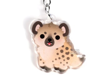 Spotted Hyena Acrylic Glitter Keychain | Kawaii Chibi Animal Lover Wild Dog Charm | Cute Cartoon Wildlife Zoo Safari Souvenir Keyring Gift