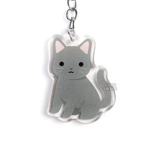 Gray Cat Chartreux Acrylic Kitten Breed Keychain | Cartoon Chibi Animal Art Glitter Charm | Kawaii Cute Pet Loss Memorial Keyring Gift