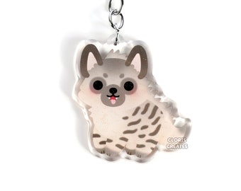 Striped Hyena Acrylic Glitter Keychain | Kawaii Chibi Animal Lover Wild Dog Charm | Cute Cartoon Wildlife Zoo Safari Souvenir Keyring Gift