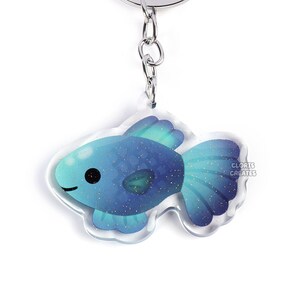 Llavero acrílico con purpurina de pez arcoíris guppy azul/dije artístico de animales acuáticos de dibujos animados kawaii/lindo llavero de recuerdo de acuario chibi