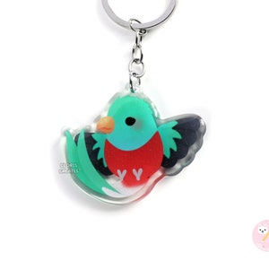 Resplendent Quetzal Guatemala Bird Acrylic Glitter Keychain | Kawaii Chibi Animal Lover Charm | Cute Cartoon Souvenir Wildlife Keyring Gift