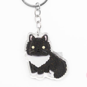 Black Longhaired Tuxedo Cat Acrylic Pet Breed Keychain | Cartoon Chibi Animal Glitter Charm | Kawaii Cute Kitten Loss Memorial Keyring Gift
