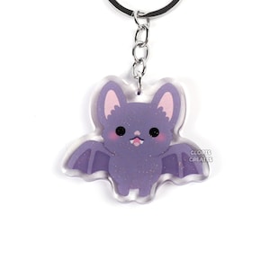 Llavero acrílico con purpurina de murciélago, diseño kawaii chibi para amantes de los animales salvajes, llavero de recuerdo de zoológico con dibujos animados, regalo espeluznante de Halloween.