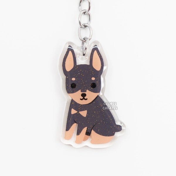 Cropped Black Doberman Pinscher Acrylic Dog Breed Keychain | Cartoon Kawaii Art Puppy Charm | Chibi Cute Animal Lover Pet Loss Memorial Gift