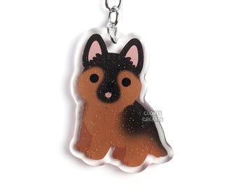 Red German Shepherd Acrylic Dog Breed Keychain | Cartoon Kawaii Art Puppy Glitter Charm | Chibi Cute Animal Lover Pet Loss Memorial Gift