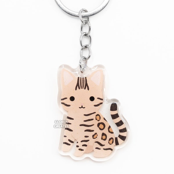 Tan Bengal Cat Acrylic Pet Breed Keychain | Cartoon Art Epoxy Glitter Charm | Kawaii Cute Exotic Shorthaired Kitten Lover Pet Loss Gift