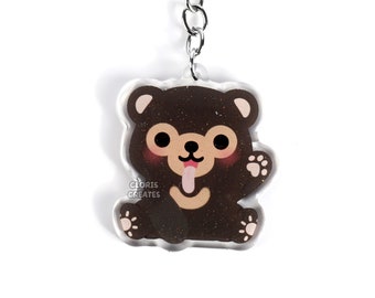 Sun Bear Acrylic Glitter Keychain | Kawaii Chibi Wild Animal Lover Zipper Pull Charm | Cute Cartoon Zoo Wildlife Souvenir Zoo Keyring Gift