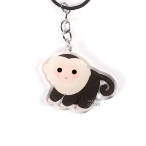 Capuchin Monkey Acrylic Glitter Keychain | Kawaii Chibi Wild Primate Animal Art Charm | Cute Cartoon Zoo Souvenir Wildlife Keyring Gift