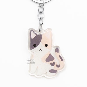 Diluted Shorthaired Calico Cat Acrylic Pet Breed Keychain | Cartoon Chibi Art Glitter Charm | Kawaii Cute Kitten Lover Pet Loss Gift