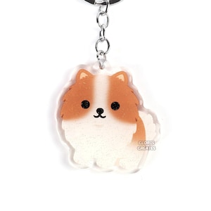 Red & White Pomeranian Acrylic Dog Breed Keychain | Cartoon Kawaii Puppy Glitter Charm | Chibi Cute Animal Lover Pet Loss Memorial Gift