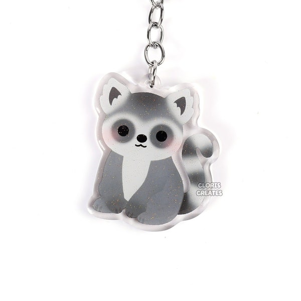 Ring Tailed Lemur Acrylic Glitter Keychain | Kawaii Chibi Wild Primate Animal Lover Charm | Cute Cartoon Zoo Souvenir Wildlife Keyring Gift