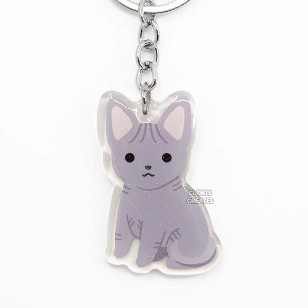 Blue Gray Sphynx Hairless Cat Acrylic Pet Breed Keychain | Cartoon Chibi Animal Art Glitter Charm | Kawaii Cute Kitten Loss Memorial Gift