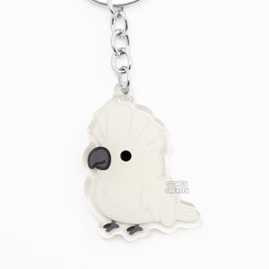 Llavero acrílico con forma de cacatúa y paraguas, diseño de pájaro, raza de loro, dibujo animado de arte kawaii, amuleto de doble cara, regalo para amantes de los animales exóticos chibi
