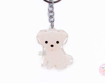 White Pug Clear Dog Breed Acrylic Keychain | Cartoon Kawaii Art Puppy Glitter Charm | Chibi Cute Animal Lover Pet Loss Memorial Gift