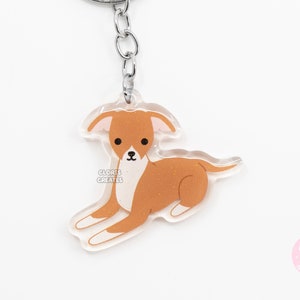 Red Italian Greyhound Iggy Acrylic Dog Breed Keychain | Cartoon Kawaii Art Whippet Puppy Glitter Charm | Chibi Cute Pet Loss Memorial Gift