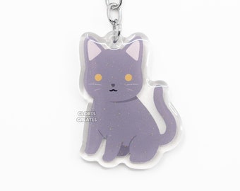 Gray Cat Chartreux Acrylic Kitten Breed Keychain | Cartoon Chibi Animal Art Glitter Charm | Kawaii Cute Pet Loss Memorial Keyring Gift