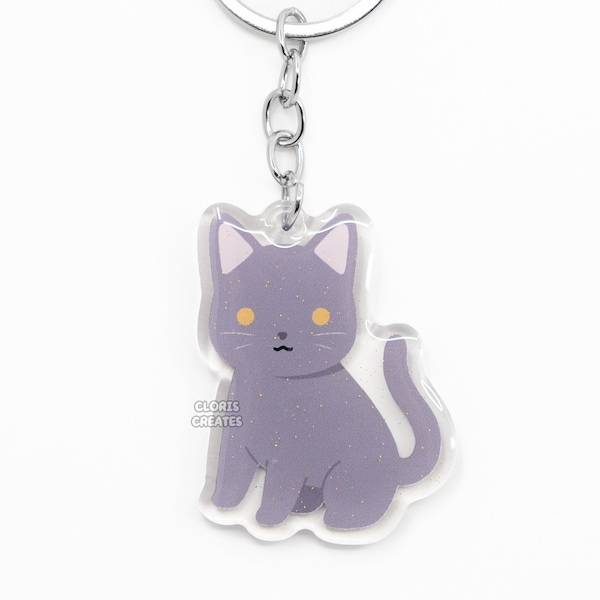 Gray Cat Chartreux Acrylic Kitten Breed Keychain | Cartoon Chibi Animal Art Glitter Charm | Kawaii Cute Pet Loss Memorial Keyring Gift