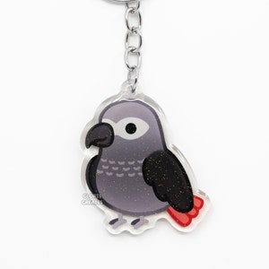 Llavero acrílico con forma de loro gris africano del Congo, diseño de mascota, con purpurina de doble cara, diseño de dibujos animados de Chibi, regalo para amantes de las aves exóticas y lindo de Kawaii