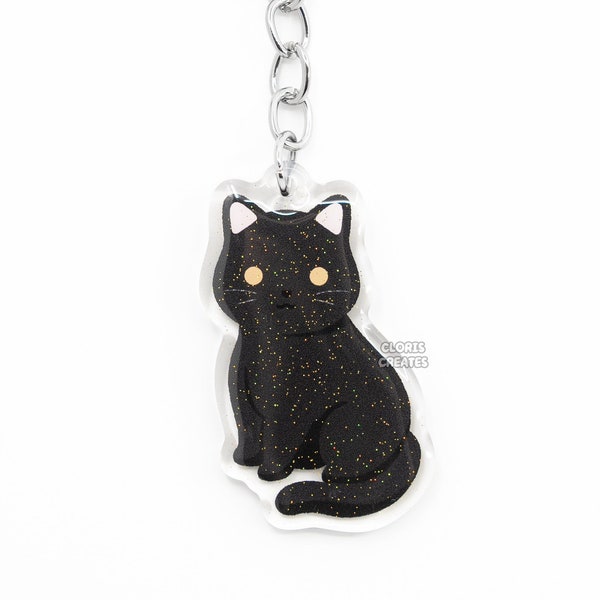 Black British Shorthair Cat Acrylic Pet Breed Keychain | Cartoon Chibi Art Glitter Charm | Kawaii Cute Shorthaired Kitten Lover Gift