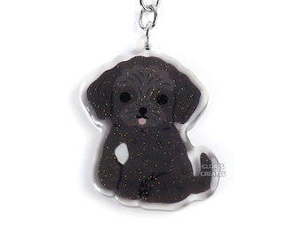 Black Cavapoo Poodle Mix Dog Breed Acrylic Keychain | Cartoon Kawaii Art Puppy Glitter Charm | Chibi Cute Doodle Lover Pet Memorial Gift