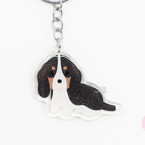 Black Tri Basset Hound Acrylic Dog Breed Keychain | Cartoon Kawaii Art Puppy Glitter Charm | Chibi Cute Animal Lover Pet Loss Memorial Gift
