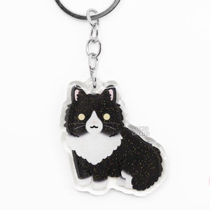 Black Longhaired Tuxedo Cat Acrylic Pet Breed Keychain | Cartoon Chibi Animal Glitter Charm | Kawaii Cute Kitten Loss Memorial Keyring Gift