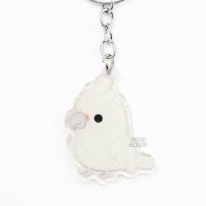Llavero acrílico de cacatúa Goffin, raza de pájaro, loro, dibujo animado kawaii, doble cara con purpurina, regalo para amantes de las mascotas exóticas.