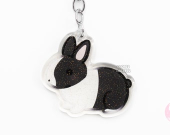 Porte-clés acrylique noir de race d'animal de compagnie | Charm lapin scintillant époxy recto-verso dessin animé art kawaii | Cadeau mignon chibi pour les amoureux des animaux