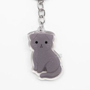 Gray Scottish Fold Cat Acrylic Pet Breed Keychain | Cartoon Chibi Animal Art Glitter Charm | Kawaii Cute Kitten Lover Memorial Gift